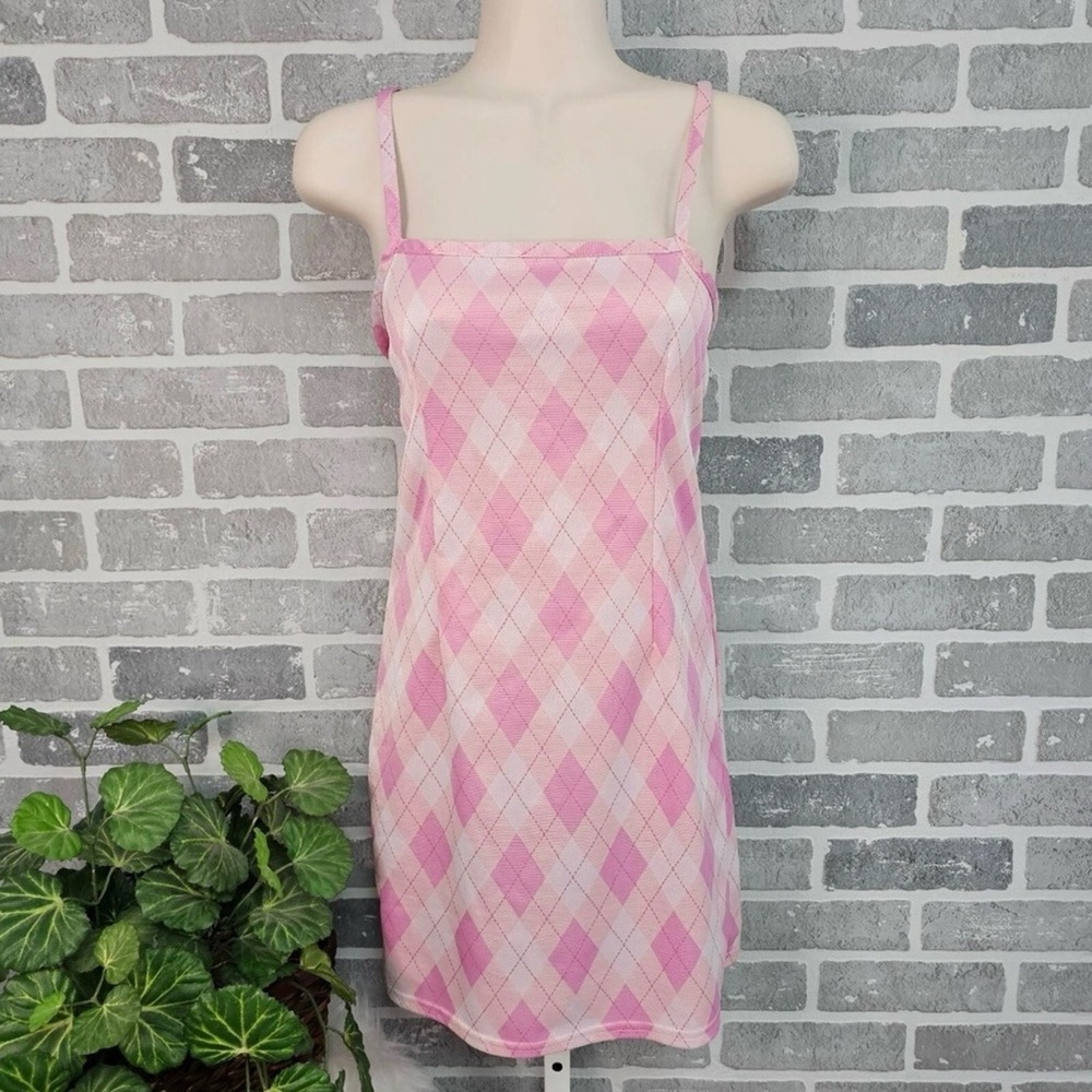 5Style Pink‎ Argyle Print Spaghetti Strap Mini Dress Women's Size M